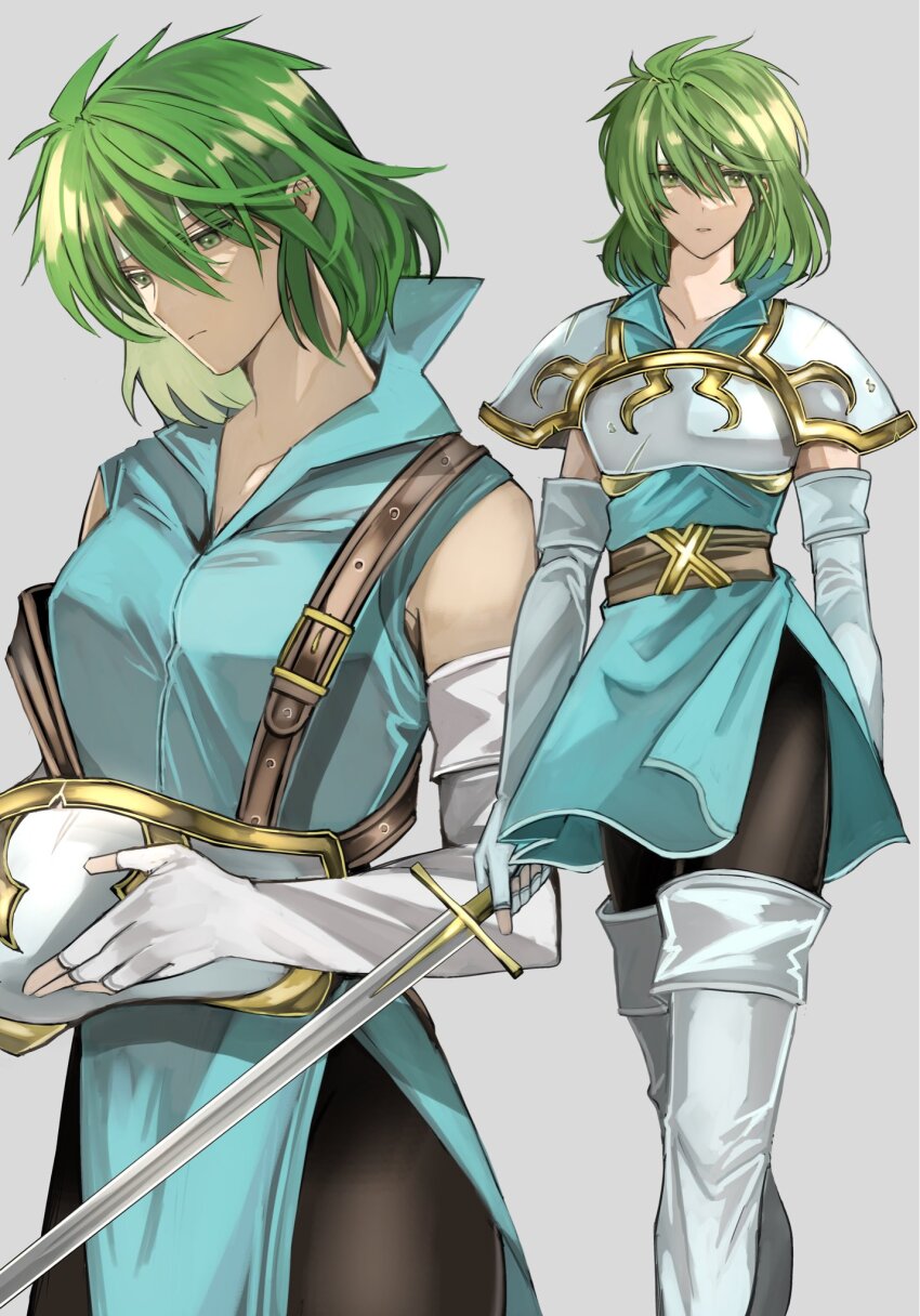 1girl armor boots breastplate commentary_request fire_emblem fire_emblem:_thracia_776 gold_trim green_eyes green_hair grey_background hair_between_eyes highres holding holding_sword holding_weapon knee_boots medium_hair misha_(fire_emblem) multiple_views nintendo omlililimo pauldrons shoulder_armor simple_background sword weapon white_footwear