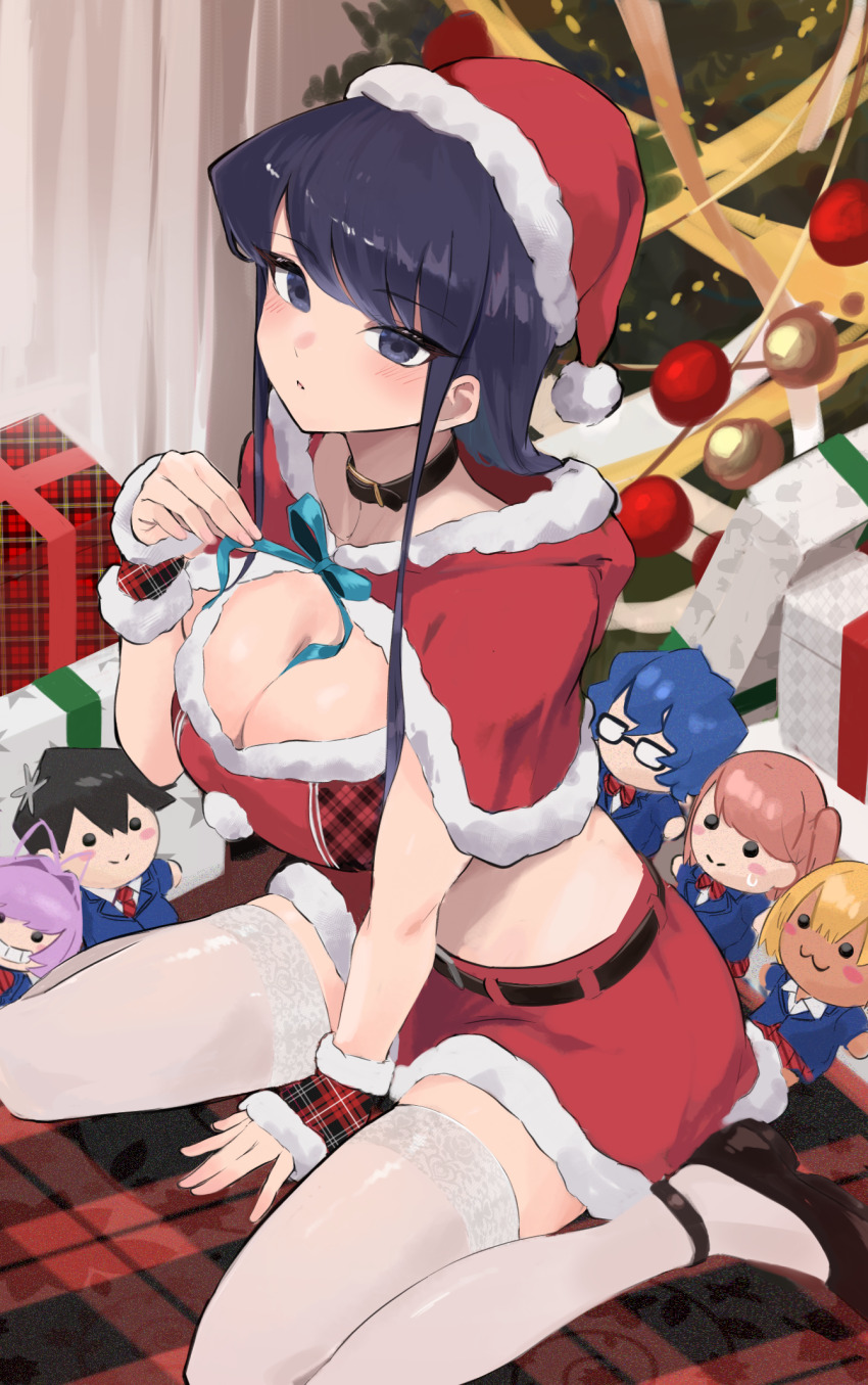 1girl arm_between_legs ase_shibuki ayatak0517 belt between_breasts black_belt black_eyes black_footwear black_hair blue_ribbon box breasts capelet character_doll christmas christmas_tree collar commentary fur-trimmed_capelet fur-trimmed_headwear fur-trimmed_skirt fur_trim gift gift_box hand_up hat highres indoors isagi_kiyoko komi-san_wa_komyushou_desu komi_shouko large_breasts legs long_hair looking_at_viewer manbagi_rumiko neck_ribbon osana_najimi_(komi-san_wa_komyushou_desu) plaid red_capelet red_hat red_skirt ribbon santa_hat sitting skirt solo swept_bangs tadano_hitohito thighhighs thighs wariza
