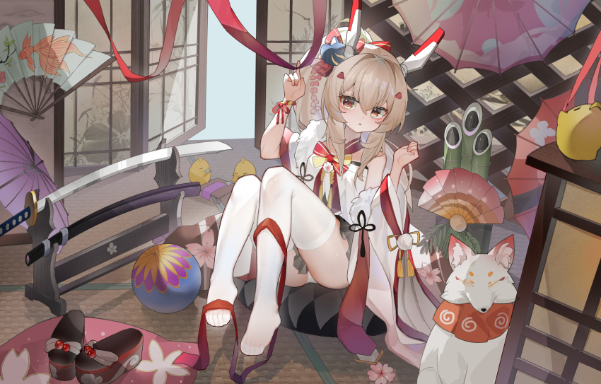 1girl absurdres ass ayanami_(azur_lane) ayanami_(pulse_of_the_new_year)_(azur_lane) azur_lane baby_animal bamboo bird bracelet chick commentary_request detached_sleeves fox_mask fox_statue fur_scarf grey_hair hair_between_eyes hair_ornament hairclip headgear highres indoors japanese_clothes jewelry katana kele_mimi long_hair long_sleeves looking_at_viewer manjuu_(azur_lane) mask mask_on_head new_year no_shoes official_alternate_costume orange_eyes panties pantyshot parted_lips ponytail retrofit_(azur_lane) sandals shoes sidelocks sitting sword tatami thighhighs underwear unworn_sandals unworn_shoes weapon white_thighhighs wide_sleeves