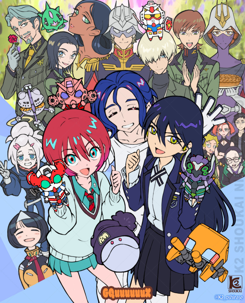 6+boys 6+girls amate_yuzuriha annqi aqua_eyes artist_name beanie bindi black_hair black_hat black_necktie black_skirt blonde_hair blue_hair blue_jacket brown_hair challia_bull char_aznable closed_mouth collared_shirt commentary_request comoli_harcourt conch_(gundam) copyright_name cowboy_shot dark-skinned_female dark_skin deux_murasame elmeth epaulettes flower gfred glasses gloves gquuuuuux green_eyes green_shirt green_skirt grey_gloves grey_hair grey_shirt group_picture gundam gundam_gquuuuuux hair_between_eyes hair_over_one_eye haro hat helmet highres holding holding_flower jacket jezzi k2_shokai kaine_(gundam) kikeroga_(gquuuuuux) kycilia_zabi lalah_sune long_hair long_sleeves looking_at_viewer miniskirt mole mole_under_eye mole_under_mouth multiple_boys multiple_girls nabu_(gundam) necktie nyaan_(gundam_gquuuuuux) open_mouth pleated_skirt red_flower red_gundam red_hair red_necktie red_rose rose rx-78-2_gundam shiiko_sugai shirouzu_(gundam) shirt short_hair shuji_ito skirt smile striped_necktie stuffed_toy twitter_username two-tone_necktie v v-fin watermark white_hair white_shirt xavier_olivette yellow_eyes yellow_necktie