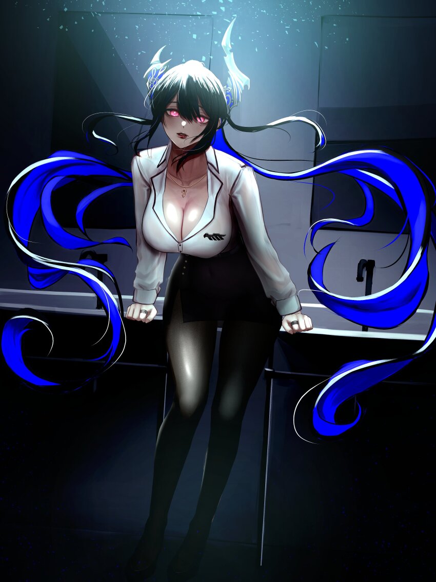 1girl absurdres asymmetrical_horns black_hair black_skirt blue_hair breasts cleavage colored_inner_hair crystal_horns demon_horns dress_suit earrings flower hair_ornament highres hololive hololive_english horn_flower horns jewelry large_breasts leather_skirt long_hair looking_at_viewer mole mole_under_eye multicolored_hair nerissa_ravencroft nerissa_ravencroft_(casual) office_lady official_alternate_costume pantyhose pencil_skirt quilted_jacket red_eyes shirt skirt soju soju_ice solo tassel tassel_hair_ornament two-tone_hair uneven_horns very_long_hair virtual_youtuber white_shirt