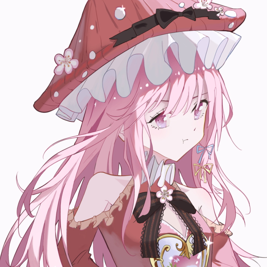 1girl :t above-cleavage_cutout annoyed bare_shoulders black_bow black_bowtie blue_ribbon bow bowtie brooch cherry_blossoms closed_mouth clothing_cutout commentary_request diamond_cutout dot_nose dress eyelashes flower flower_brooch frilled_dress frilled_headwear frills glimmering_forest_(infinity_nikki) hair_between_eyes hair_ribbon hat hat_bow hat_flower heart heart_print infinity_nikki jewelry lace-trimmed_bowtie long_hair long_sleeves looking_ahead mushroom_hat neck_ruff nikki_(nikki) nikki_(series) pink_eyes pink_flower pink_hair pout print_dress red_dress red_hat ribbon shoulder_cutout sidelocks simple_background so_ni_ni solo sparkle striped_bow striped_bowtie striped_clothes upper_body very_long_hair white_background yellow_ribbon