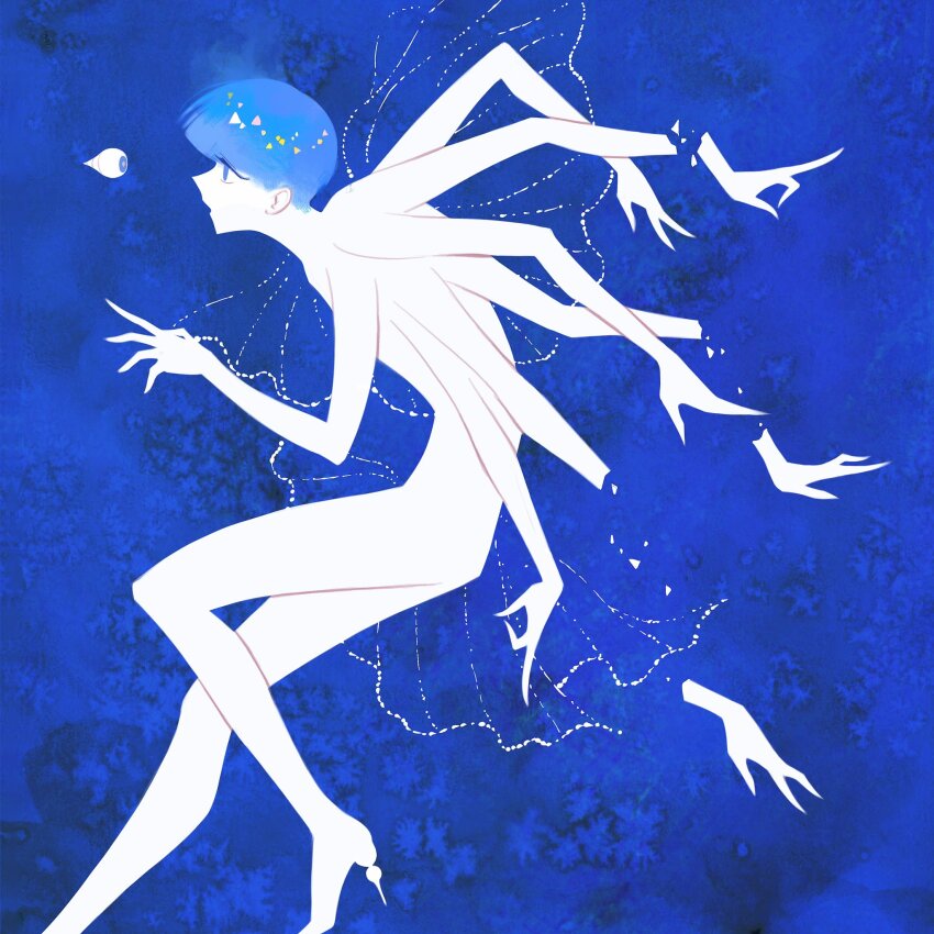 1other blue_eyes blue_hair blue_theme bowl_cut broken_arm capelet commentary english_commentary extra_arms eyeball foot_out_of_frame from_side hand_up high_heels highres houseki_no_kuni kgynh mudra open_mouth other_focus phosphophyllite phosphophyllite_(ll) profile reaching see-through_clothes severed_hand shards short_hair solo spoilers
