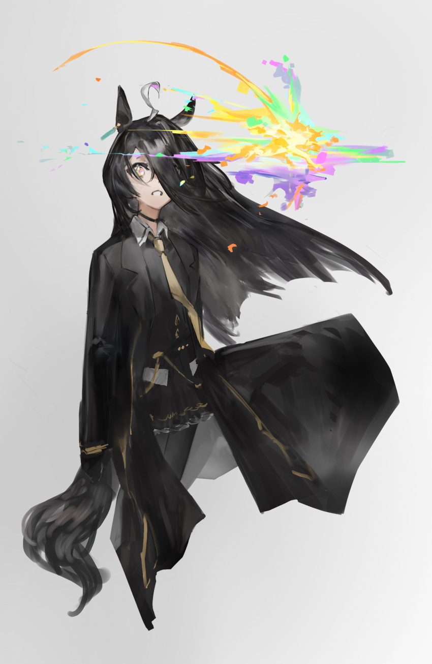 1girl ahoge animal_ears belt black_belt black_choker black_gloves black_pantyhose black_shirt black_skirt choker coat collared_shirt donutsu5 ear_tag earrings floating_hair frilled_skirt frills gloves grey_background grey_hair hair_over_one_eye highres horse_ears horse_girl horse_tail jewelry long_bangs long_hair manhattan_cafe_(umamusume) multicolored_hair necktie open_clothes open_coat pantyhose parted_lips pleated_skirt shirt simple_background single_earring skirt solo tail umamusume very_long_hair yellow_eyes yellow_necktie