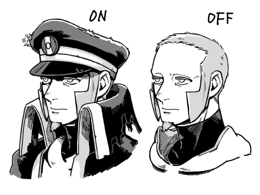 1boy black_coat black_hat black_undershirt buzz_cut closed_mouth coat english_text facial_hair goatee grey_hair hat ingo_(pokemon) kutinituti male_focus monochrome nintendo pearl_clan_outfit pokemon pokemon_legends:_arceus shaded_face short_hair sideburns torn_clothes torn_coat turtleneck undershirt very_short_hair white_background