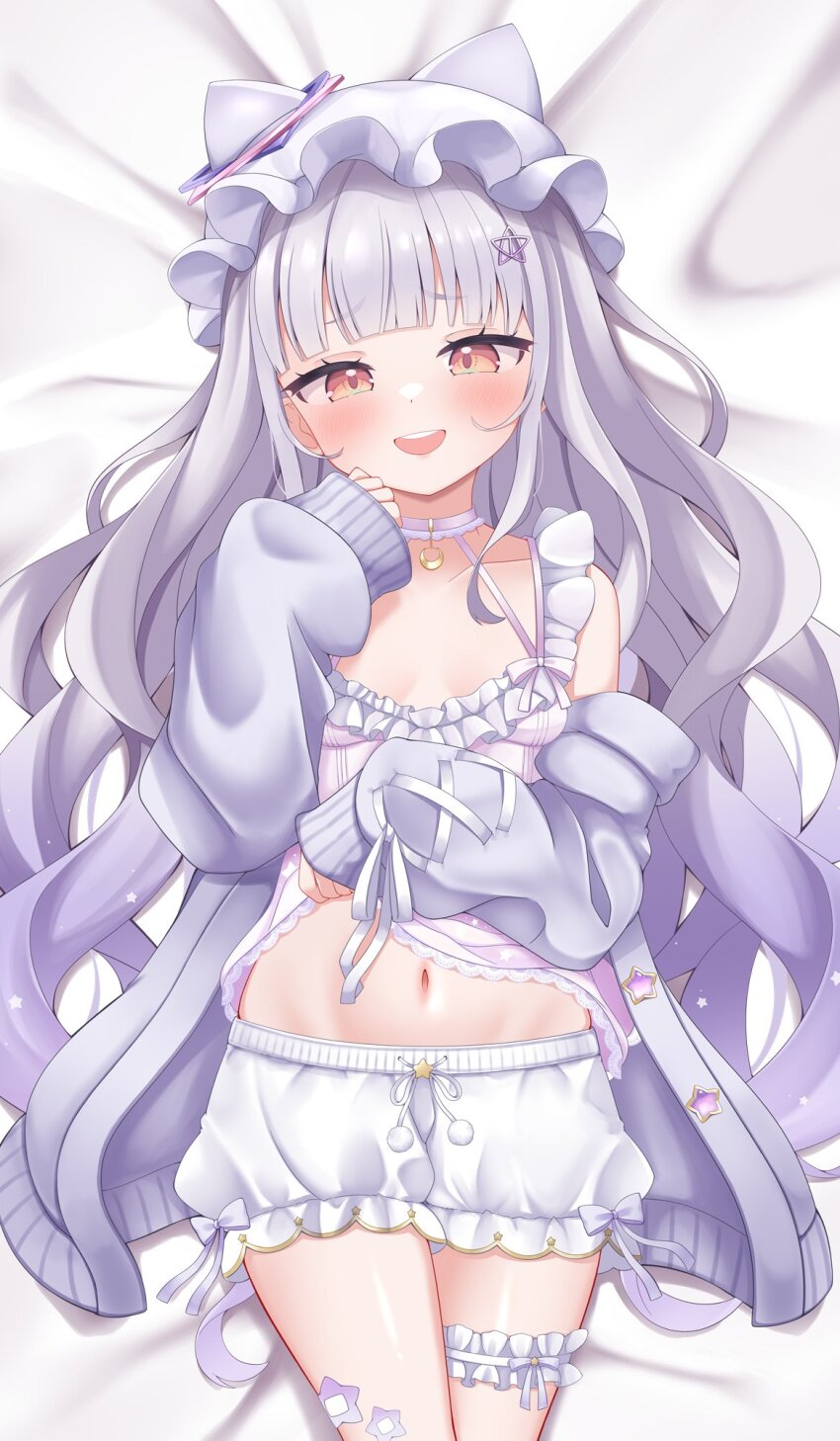 1girl arched_bangs bed_sheet blush breasts camisole cardigan cocozasa commentary crescent_pendant frilled_camisole frilled_shorts frilled_thigh_strap frills from_above grey_hair highres hololive long_hair long_sleeves looking_at_viewer lying murasaki_shion murasaki_shion_(loungewear) navel official_alternate_costume on_back on_bed open_clothes open_mouth pentagram_hair_ornament purple_camisole purple_cardigan shorts small_breasts smile solo straight-on symbol-only_commentary teeth thigh_strap upper_teeth_only virtual_youtuber yellow_eyes