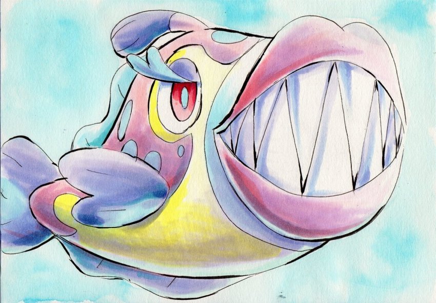 blue_background bruxish fish gen_7_pokemon iwane_masaaki nintendo no_humans painting_(medium) pokemon red_eyes sharp_teeth smile teeth traditional_media watercolor_(medium)
