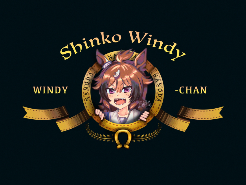1girl ahoge animal_ears black_background blush brown_hair character_name highres horse_ears horse_girl horseshoe long_hair looking_at_viewer metro-goldwyn-mayer multicolored_hair open_mouth purple_eyes sailor_collar sharp_teeth shinko_windy_(umamusume) shirt signature smile solo streaked_hair teeth umamusume yakiniku-chan_(alice-sweets)
