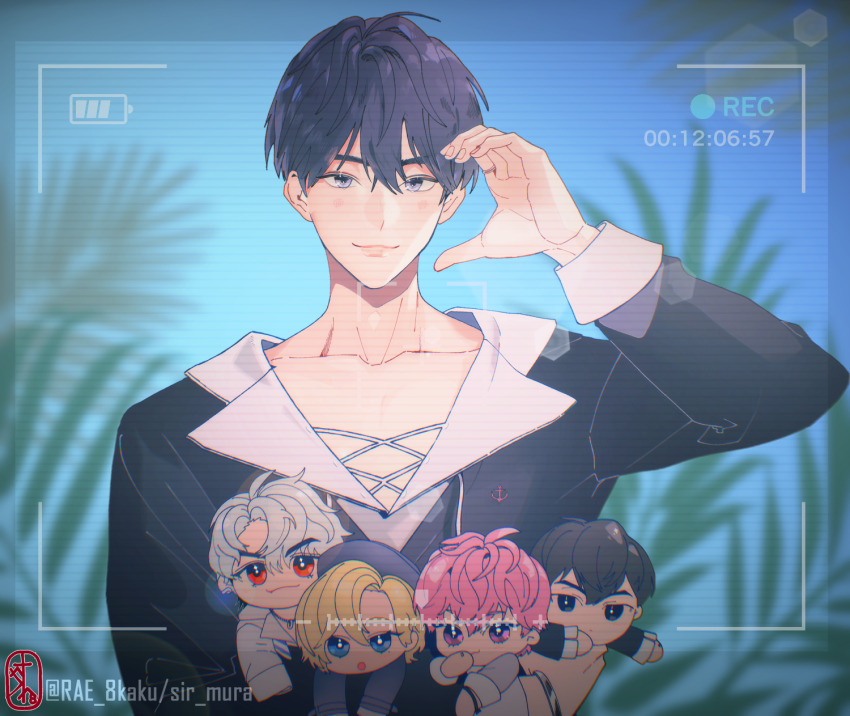 5boys arm_up bamby_(plave) black_eyes black_hair black_shirt blonde_hair blue_eyes blurry blurry_background chibi eunho_(plave) grey_hair half-heart_hands hamin_(plave) highres long_sleeves looking_at_viewer multiple_boys noah_(plave) palm_leaf parted_bangs pink_hair plave purple_eyes rae_8kaku recording red_eyes shirt smile watermark yejun_(plave)