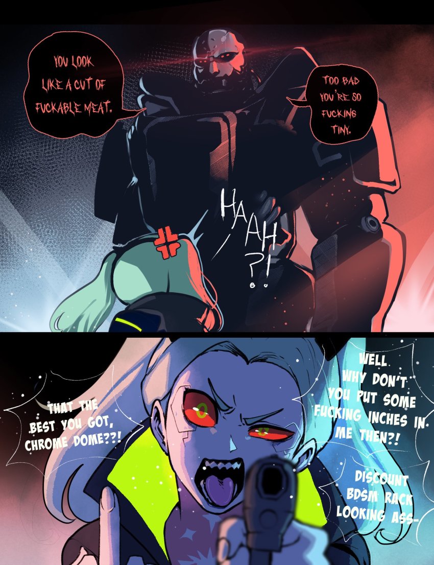 1boy 1girl 2022 adam_smasher aiming aiming_at_viewer anger_vein angry colored_sclera cyberpunk:_edgerunners cyberpunk_(series) cyborg english_text glowing glowing_eyes green_eyes gun highres imminent_penetration imminent_rape instant_loss insult long_hair looking_at_another middle_finger netflix nyantcha outdoors profanity rebecca_(cyberpunk) red_sclera robot serious sharp_teeth shouting size_difference speech_bubble talking teeth weapon you_gonna_get_raped