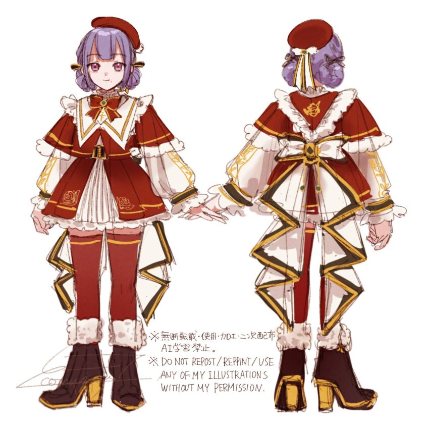 1girl alternate_hairstyle arm_at_side artist_name assault_lily back_bow beret black_ribbon blunt_bangs boots bow bowtie capelet closed_mouth commentary_request double_bun dress facing_away floral_print frilled_dress frilled_sleeves frills from_behind fukuyama_jeanne_sachie fur-trimmed_boots fur-trimmed_capelet fur_trim hair_bun hair_ribbon hat hat_ribbon high_heel_boots high_heels highres komuzuka layered_dress long_sleeves mole mole_under_mouth multiple_views pink_eyes print_dress purple_hair red_bow red_bowtie red_capelet red_dress red_hat red_thighhighs ribbon rose_print santa_costume santa_dress short_hair signature simple_background sketch smile standing thighhighs two-tone_dress two-tone_ribbon watermark white_background white_bow white_dress white_ribbon yellow_ribbon zettai_ryouiki