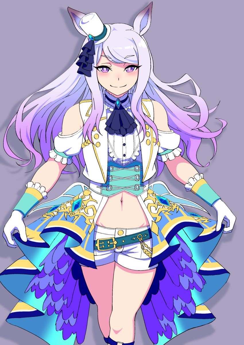 1girl animal_ears ascot belt black_ascot black_belt brooch closed_mouth clothing_cutout commentary cowboy_shot crossed_knees frilled_sleeves frills gloves grey_background groin half-closed_eyes hat highres horse_ears horse_girl jacket jewelry long_hair looking_at_viewer mamiyama mejiro_mcqueen_(end_of_sky)_(umamusume) mejiro_mcqueen_(umamusume) midriff mini_hat mini_top_hat navel official_alternate_costume purple_hair short_shorts short_sleeves shorts shoulder_cutout showgirl_skirt skirt_hold smile solo standing swept_bangs tilted_headwear top_hat umamusume white_gloves white_hat white_jacket white_shorts
