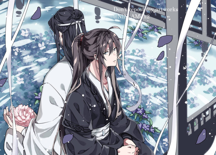 2boys ahoge architecture back-to-back bishounen black_hair black_hanfu black_robe brown_hair chinese_clothes east_asian_architecture english_text falling_petals flower grey_eyes hair_tie hanfu highres holding holding_flower hyottokoane lan_wangji light_particles long_hair long_sleeves lotus male_focus modao_zushi multiple_boys petals pink_flower ponytail purple_flower ribbon robe sidelocks sitting twitter_username water wei_wuxian white_hanfu white_ribbon white_robe wide_sleeves xiao_guan_(headdress) yaoi