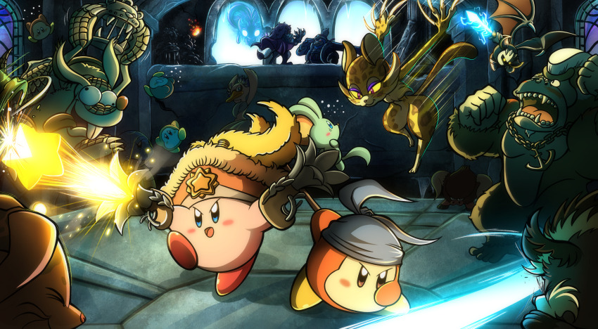 :3 :d absurdres armor arms_up balloon-meister bandana bandana_waddle_dee blue_bandana blue_eyes blush blush_stickers buffahorn bug butterfly cage cape chain chain_necklace clawroline claws clenched_hands closed_mouth colored_sclera commentary_request cross-eyed ddddndn dual_wielding elfilin fecto_forgo firing fleurina flying forgo_dedede galaxia_(sword) glowing glowing_eyes glowing_weapon gorilla gorimondo gun hat highres holding holding_cage holding_gun holding_polearm holding_weapon insect jewelry king_dedede kirby kirby_(series) kirby_and_the_forgotten_land leongar mask meta_knight morpho_knight_(butterfly) necklace nintendo no_mouth noble_ranger_kirby o_o open_mouth polearm primal_awoofy ranger_kirby red_eyes sharp_teeth sillydillo smile sssnacker standing star_(symbol) teeth waddle_dee weapon whiskers wings yellow_eyes yellow_sclera