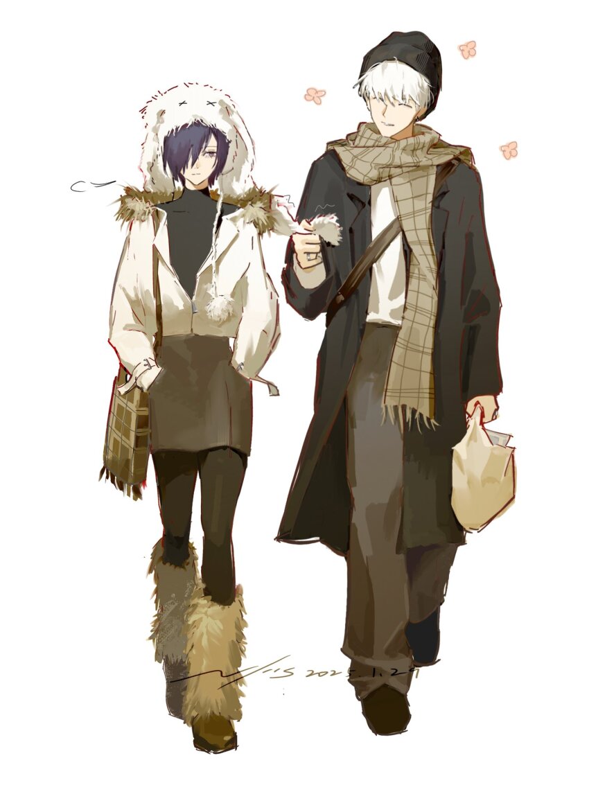 1boy 1girl bag black_coat black_hat black_shirt black_shoes blue_hair brown_bag brown_pants brown_pantyhose brown_scarf brown_shoes brown_skirt checkered_clothes checkered_scarf closed_eyes closed_mouth coat couple flower front_zipper fur-trimmed_jacket fur_trim grocery_bag hair_between_eyes hair_over_one_eye hand_in_pocket hat highres holding holding_bag hood hood_down hooded_jacket jacket jewelry kaneki_ken kirishima_touka leg_warmers light_smile long_coat looking_at_another miniskirt one_eye_covered pants pantyhose purple_eyes ring scarf shirt shoes shopping_bag short_hair shoulder_bag signature simple_background skirt smile tokyo_ghoul turtleneck turtleneck_shirt vjoos walking wedding_ring white_background white_hair white_hat white_jacket white_shirt yellow_fur yellow_leg_warmers