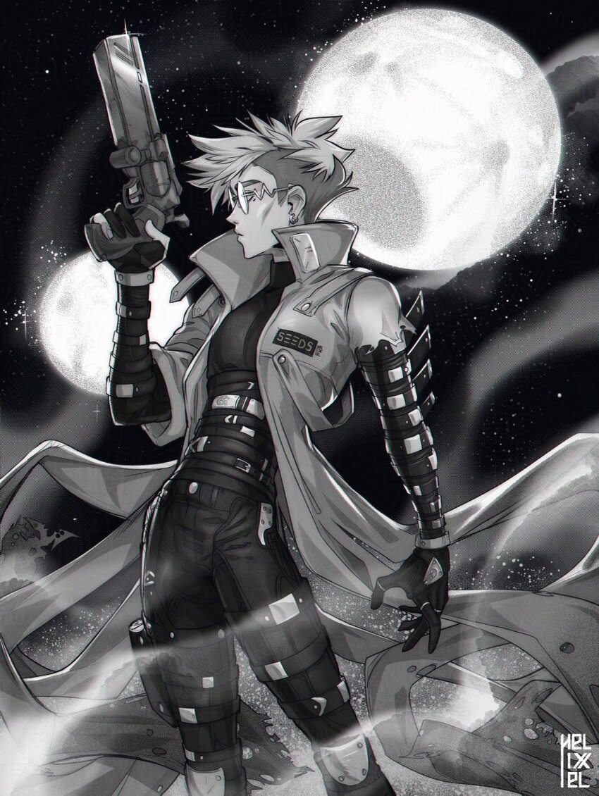 1boy arm_belt artist_logo belt black_gloves black_pants black_shirt closed_mouth coat collared_coat commentary cowboy_shot earrings english_commentary glasses gloves greyscale gun handgun helixel highres holding holding_gun holding_weapon jewelry logo looking_to_the_side mole mole_under_eye monochrome moon multiple_belts multiple_moons night night_sky outdoors pants partially_fingerless_gloves profile revolver round_eyewear shirt short_hair sky solo star_(sky) starry_sky thick_eyebrows torn_sleeve trigun trigun_stampede undercut vash_the_stampede weapon