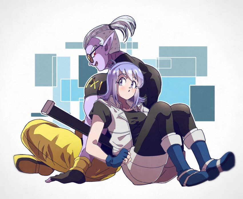 1boy 1girl back-to-back black_gloves black_leggings black_shirt blue_footwear blue_gloves boots character_logo colored_skin commentary_request demon_boy dragon_ball dragon_ball_xenoverse fingerless_gloves fu_(dragon_ball) glasses gloves highres knees_up leggings looking_at_another looking_back looking_down looking_to_the_side medium_hair mirai_senshi muscular muscular_male open_mouth otyumamii pants pointy_ears ponytail purple_eyes purple_hair purple_skin red_eyes round_eyewear scabbard sheath shirt short_sleeves shorts sitting tinted_eyewear undercut vest white_hair white_shorts white_trim white_vest yellow-tinted_eyewear yellow_boots yellow_pants