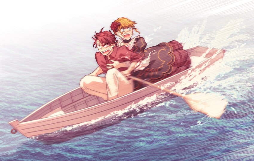 1boy 1girl beatrice_(umineko) black_dress blank_eyes blonde_hair boat collared_shirt constricted_pupils dress flower hair_flower hair_ornament highres holding holding_oar hswoimuxk0pwr0h_(bbdan) long_dress motion_lines oar outdoors pants red_flower red_hair red_rose red_shirt rose rowing shirt spoilers sweat twilight_of_the_golden_witch umineko_no_naku_koro_ni ushiromiya_battler watercraft wavy_mouth white_pants