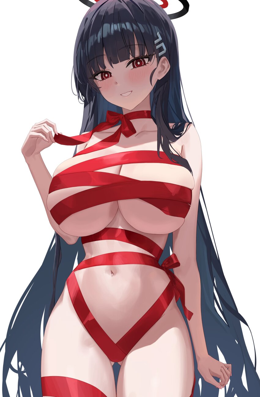 1girl absurdres black_hair black_halo blue_archive breasts collarbone commentary_request cowboy_shot gluteal_fold hair_ornament halo hido88 highres huge_breasts long_hair naked_ribbon navel red_eyes ribbon rio_(blue_archive) simple_background smile solo stomach thighs very_long_hair white_background