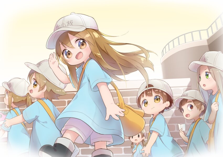 3boys 4girls :d absurdres bag baseball_cap black_footwear blue_shirt brick_wall brown_eyes brown_hair commentary_request green_eyes grey_hair hand_up hat hataraku_saibou highres long_hair looking_at_viewer multiple_boys multiple_girls nipeira open_hand open_mouth outdoors platelet_(hataraku_saibou) ponytail red_eyes shirt short_sleeves shorts shoulder_bag sidelocks smile t-shirt tareme vignetting white_hat white_shorts yellow_bag