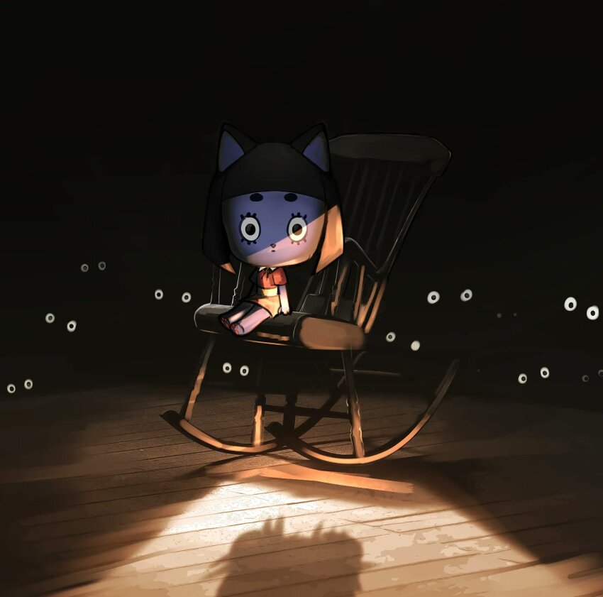 1girl animal_ears cat_ears cat_girl chair chibi commentary english_commentary highres horror_(theme) kumaartsu looking_at_viewer original pov rocking_chair shaded_face shadow sitting solo wooden_floor