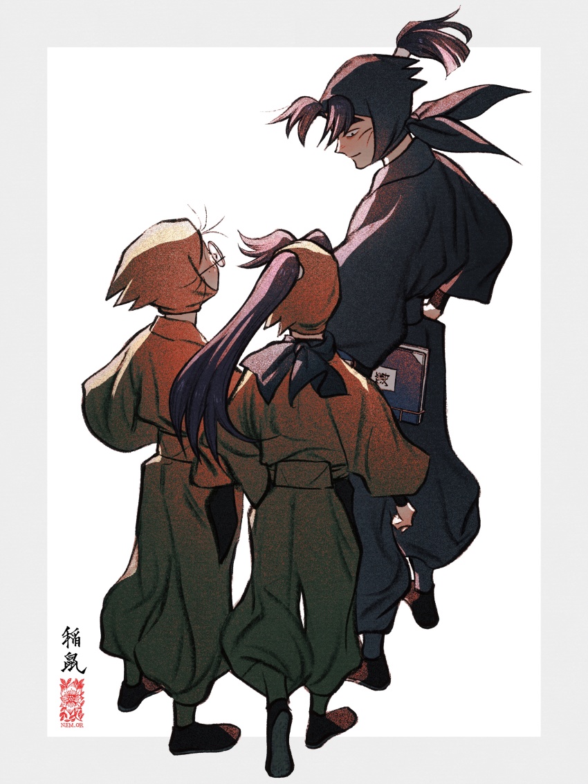 3boys absurdres aged_up arm_guards black_footwear black_hair black_pants black_scarf book border facing_away floating_hair from_above from_behind glasses green_pants grey_border hair_through_headwear hair_tubes headscarf high_ponytail highres inadera_rantarou ine_(zx_o4) japanese_clothes jika-tabi long_hair long_sleeves looking_at_another looking_down male_focus multiple_boys ninja outside_border pants ponytail profile purple_hair rakudai_ninja_rantarou round_eyewear scarf settsuno_kirimaru shioe_monjirou shoe_soles simple_background smile standing straight_hair walking white_background