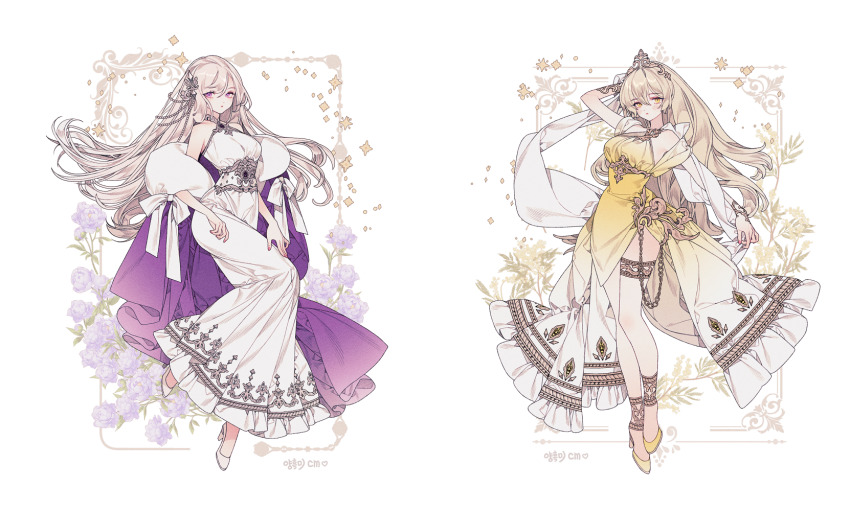 2girls ankle_cuffs arm_behind_head arm_up bare_shoulders blonde_hair breasts chain cloak double-parted_bangs dress embroidery fashion floral_background flower full_body girdle gold_tiara gradient_clothes gradient_dress hair_ornament high_heels highres lemon89h long_hair looking_at_viewer medium_breasts multiple_girls original parted_bangs pink_nails purple_cloak purple_eyes purple_flower red_lips shawl shoes sidelocks thigh_strap white_dress white_footwear white_shawl wrist_cuffs yellow_dress yellow_eyes yellow_flower yellow_shoes