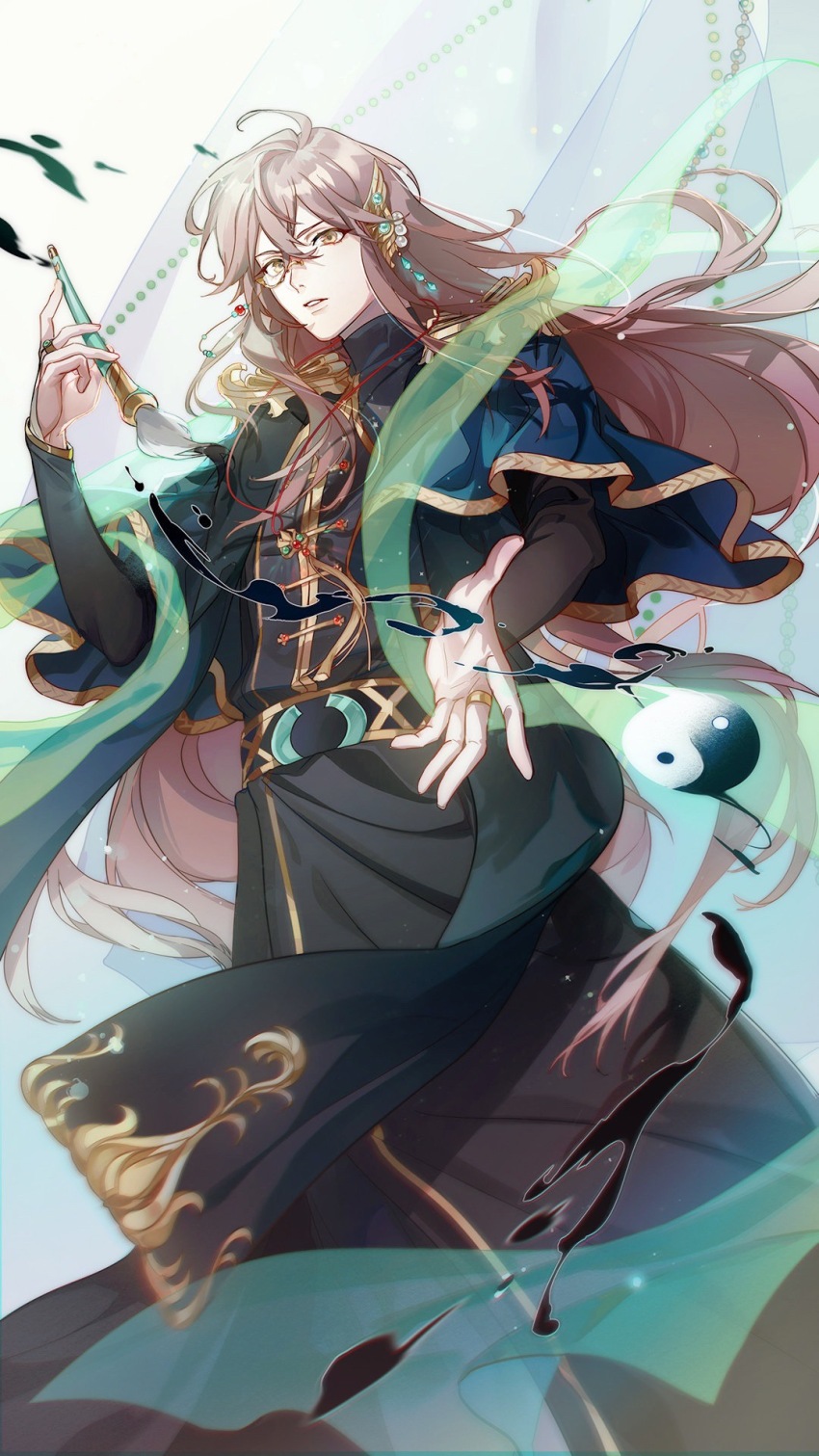 1boy beckoning black_bridal_gauntlets black_robe black_sash blue_capelet bridal_gauntlets brown_hair capelet chinese_clothes crossed_bangs feet_out_of_frame green_shawl hair_between_eyes hair_ornament hanfu highres holding holding_paintbrush ink long_hair long_sleeves looking_at_viewer male_focus monocle paintbrush parted_lips robe sanmen sash see-through_clothes see-through_shawl shawl solo the_tale_of_food wing_hair_ornament yellow_eyes yin_yang yipin_pot_(the_tale_of_food)