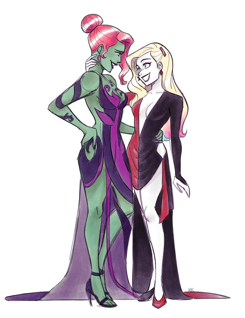 2girls arm_around_waist bare_legs batman_(series) black_lips colored_skin dc_comics dress green_lips green_skin hair_bun harley_quinn harley_quinn_(cartoon) high_heels highres kelly_kao multicolored_dress multiple_girls pale_skin poison_ivy red_hair red_lips single_hair_bun split-color_clothes thighs