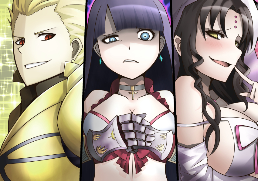 1boy 2girls black_hair blonde_hair blue_eyes blunt_bangs breasts chikiji_(chickchickjo) choker cleavage commentary_request detached_sleeves earrings facial_mark fate/grand_order fate_(series) forehead_mark frown gauntlets gilgamesh_(fate) grey_choker half-closed_eye highres jewelry large_breasts martha_(fate) martha_(swimsuit_ruler)_(fate) martha_(swimsuit_ruler)_(third_ascension)_(fate) medium_breasts multiple_girls purple_hair red_eyes sessyoin_kiara sessyoin_kiara_(heaven&#039;s_hole) sideboob smile sparkle textless_version veil wavy_mouth white_veil yellow_eyes