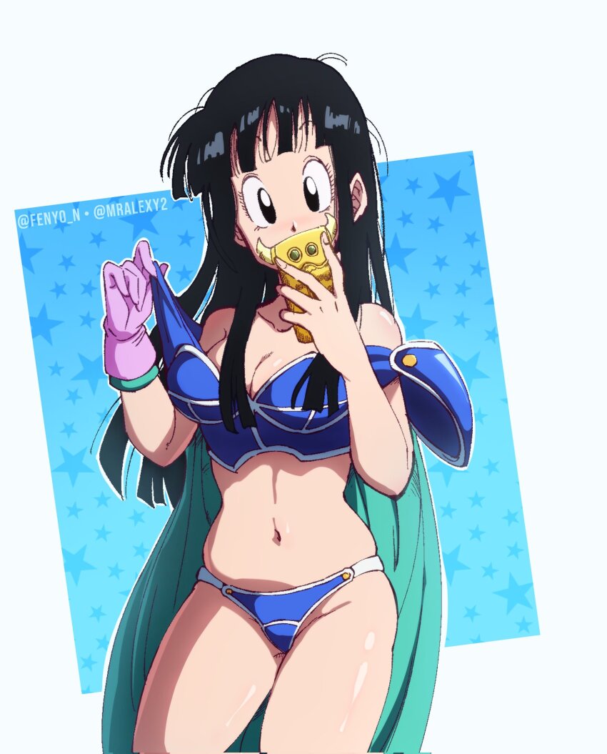 1girl armor bikini bikini_armor black_eyes black_hair blue_armor blue_background blue_bikini blush breasts cape cellphone chi-chi_(dragon_ball) cleavage collarbone dragon_ball dragon_ball_(classic) dragonball_z fenyon gloves green_cape gyuu_mao highres holding holding_phone long_hair medium_breasts navel pauldrons phone pink_gloves selfie shoulder_armor single_glove smartphone solo standing star_(symbol) star_symbol_background swimsuit