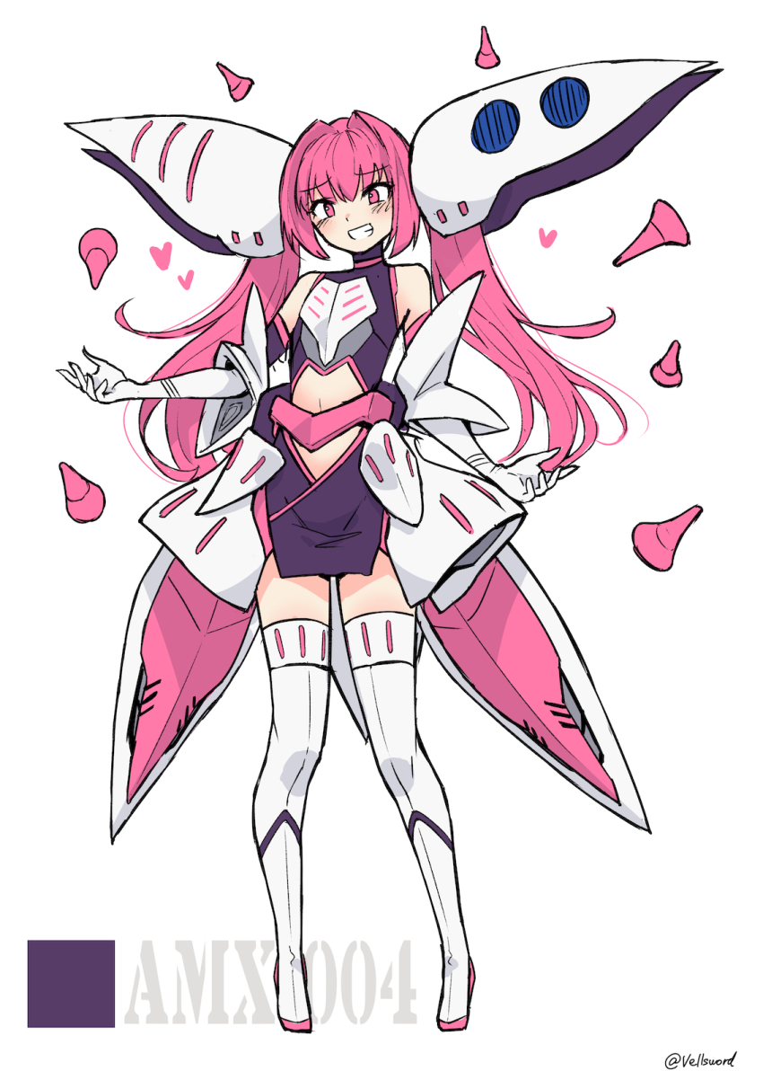 1girl boots clothing_cutout elbow_gloves eyebrows funnels_(gundam) gloves gundam heart highres i.takashi looking_down mecha_musume open_mouth pelvic_curtain personification pink_eyes qubeley smile solo stomach_cutout thigh_boots thighhighs twintails white_background white_gloves zeta_gundam