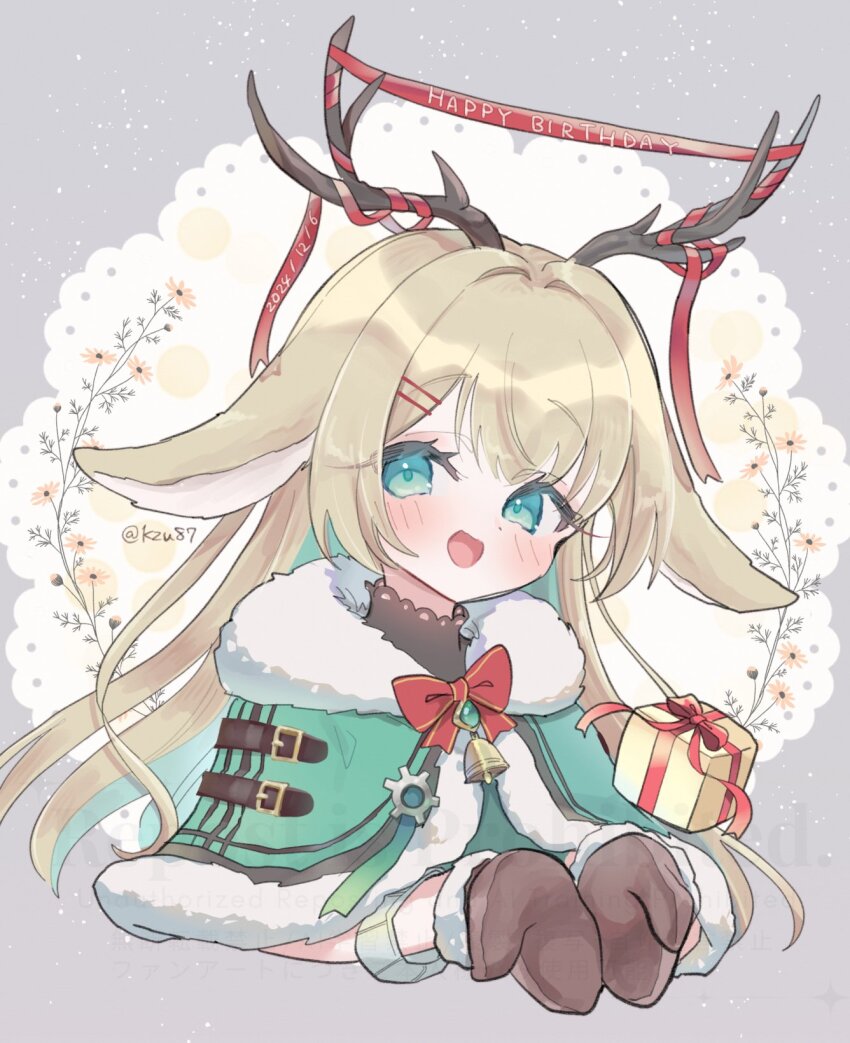 1girl :d animal_ears antlers blonde_hair blue_capelet blue_eyes blue_hair blush bow bowtie box brown_mittens capelet colored_inner_hair floppy_ears fur-trimmed_capelet fur_trim gift gift_box grey_background happy_birthday highres horns kuzuhana long_hair looking_at_viewer mittens multicolored_hair nanashi_inc. open_mouth rabbit_ears rabbit_girl red_bow red_bowtie sidelocks smile solo tsukinoki_tirol upper_body virtual_youtuber