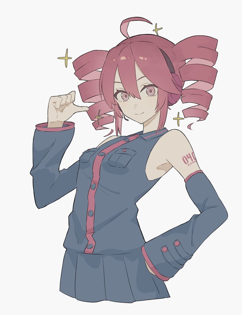 1girl 1other ahoge armpits bare_shoulders black_skirt black_sleeves breast_pocket buttons collared_shirt cropped_shirt detached_sleeves dress_shirt drill_hair four-pointed_star fukaba_yoh grey_background hair_between_eyes hand_on_own_hip hashtag-only_commentary highres kasane_teto kasane_teto_(utau) looking_at_viewer pocket red_eyes red_hair shirt simple_background skirt sleeveless sleeveless_shirt smile solo thumbs_up twin_drills utau wing_collar