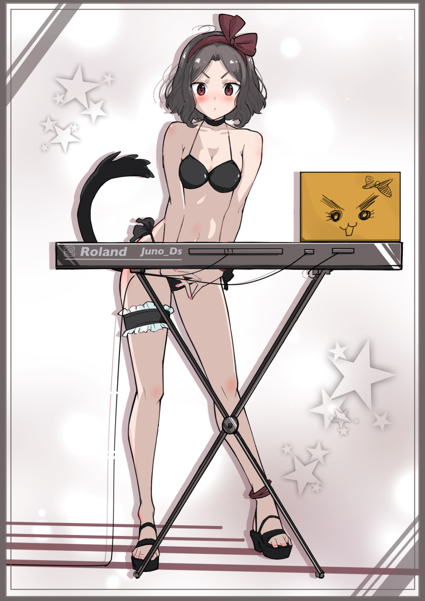 breasts coriponz dog_tail ebizuka_tomo girls_band_cry grey_hair highres instrument keyboard_(instrument) medium_breasts red_eyes short_hair swimsuit tail togenashi_togeari