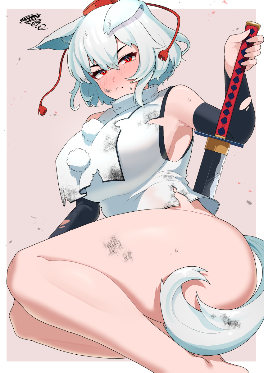1girl :&lt; absurdres animal_ears bare_shoulders black_sleeves blush border bottomless breasts closed_mouth dirty dirty_clothes dirty_face glaring hat highres holding holding_sword holding_weapon inubashiri_momiji large_breasts looking_at_viewer red_eyes short_hair solo squiggle sword tail thighs tokin_hat torn_clothes torn_sleeves touhou urizaku3 weapon white_border white_hair wolf_ears wolf_girl wolf_tail