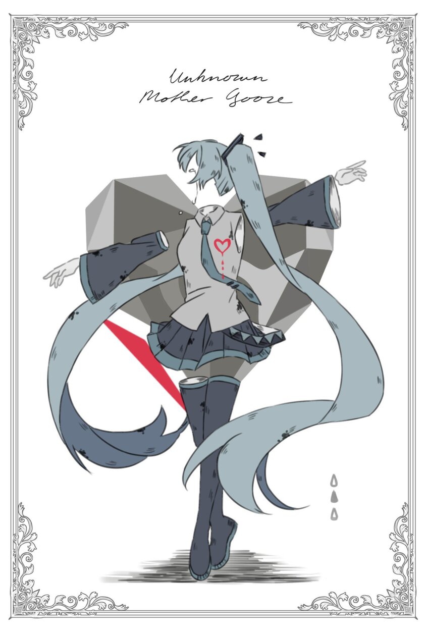 1girl aqua_hair aqua_necktie aqua_trim black_boots black_sleeves boots border collared_shirt commentary_request crossed_legs crying dancing detached_sleeves grey_shirt hair_ornament hatsune_miku heart highres invisible kuiruri long_hair long_sleeves necktie ornate_border outstretched_arms pleated_skirt shadow shirt sidelocks skirt sleeveless sleeveless_shirt solo song_name spread_arms standing thigh_boots tie_clip tiptoes twintails unknown_mother_goose_(vocaloid) very_long_hair vocaloid watson_cross white_background wide_sleeves wing_collar
