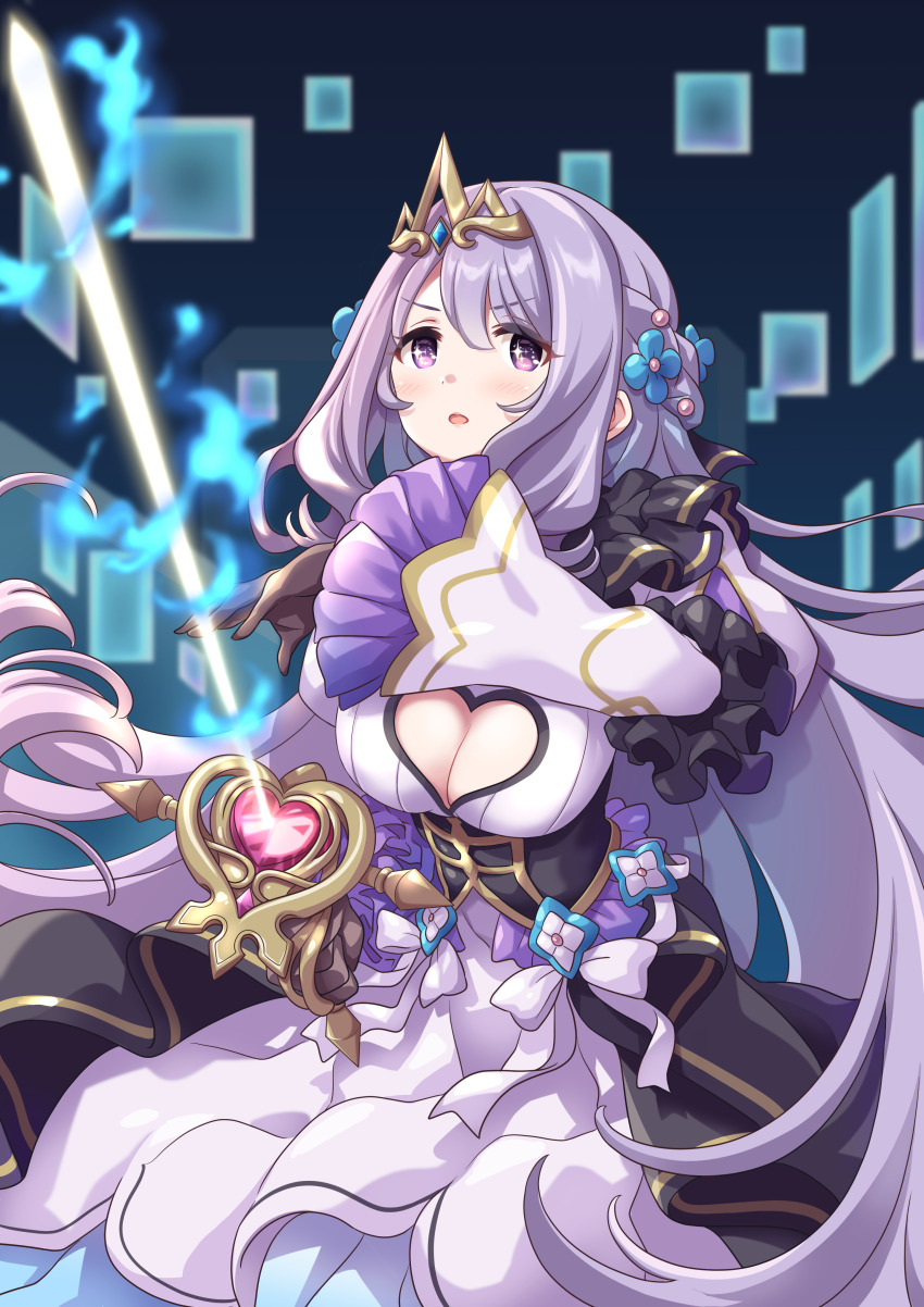 1girl absurdres black_corset black_overskirt blue_gemstone cleavage_cutout clothing_cutout corset dress gem gold_tiara heart_cutout heart_ornament highres long_hair parted_lips princess_connect! purple_eyes purple_hair solo striped_clothes tiara tsukachii underbust vertical-striped_clothes violet_(princess_connect!) white_dress wide_sleeves