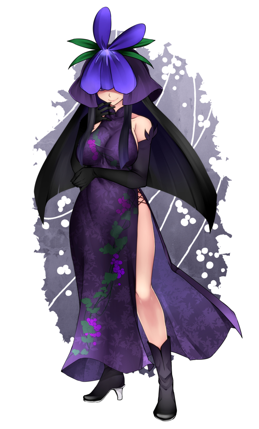 1girl aoshima bare_shoulders black_boots black_gloves black_hair boots breasts china_dress chinese_clothes dress elbow_gloves floral_print flower flower_on_head food_print fruit_print full_body gloves grape_print high_heel_boots high_heels highres large_breasts leaf leaf_on_head leaf_print orchid purple_dress purple_eyes sleeveless sleeveless_dress smile solo standing thighs touhou yomotsu_hisami
