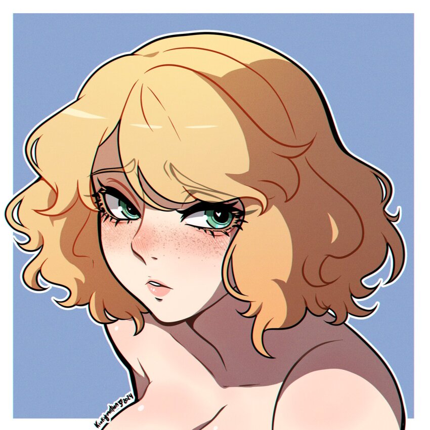 1girl artist_name blonde_hair blue_background border collarbone commentary elden_ring english_commentary freckles green_eyes heart heart-shaped_pupils highres kinkymation lips looking_at_viewer nude parted_lips pink_lips roderika_(elden_ring) short_hair simple_background solo symbol-shaped_pupils upper_body white_border