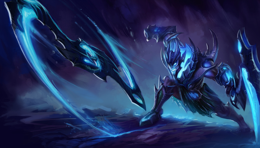 1boy absurdres alternate_costume armor aura axe blue_eyes draven fighting fighting_stance glowing glowing_eyes helmet highres kienan_lafferty league_of_legends leg_armor looking_to_the_side male_focus mature_male official_art outdoors skirt smile solo soul_reaver_draven spiked_armor teeth weapon