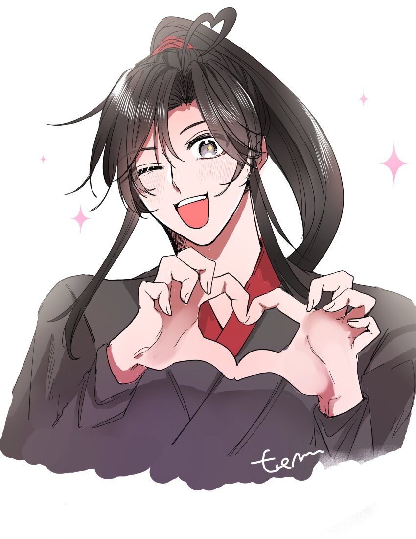 1boy ;d absurdres ahoge artist_name bishounen black_hair black_hanfu blush chinese_clothes grey_eyes hair_between_eyes hanfu heart heart_ahoge heart_hands high_ponytail highres long_hair long_sleeves looking_at_viewer male_focus modao_zushi one_eye_closed open_mouth ponytail red_scrunchie scrunchie sidelocks simple_background smile solo sparkle tem0822_bl upper_body wei_wuxian white_background