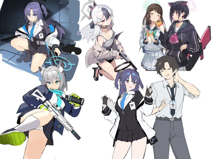 1boy 5girls absurdres airi_(blue_archive) animal_ear_fluff aqua_scarf assault_rifle black_footwear black_hair black_skirt blue_archive blue_archive_the_animation blue_necktie blush breasts bren_lmg cardigan closed_eyes collared_shirt crepe cross_hair_ornament dress explosive fingerless_gloves food gloves grenade grenade_pin grenade_pin_in_mouth grey_dress grey_hair gun h&amp;k_p30 hair_between_eyes hair_ornament hairclip halo handgun high_heels highres holding holding_crepe holding_food holding_gun holding_weapon hood hoodie horns id_card jacket kayoko_(blue_archive) kayoko_(dress)_(blue_archive) kazusa_(blue_archive) light_machine_gun long_hair machine_gun mole mole_on_neck multiple_girls multiple_views necktie open_clothes open_mouth panties pants pantyshot pleated_skirt rifle ryou_(ponpgo) scarf sensei_(blue_archive) sensei_(blue_archive_the_animation) shiroko_(blue_archive) shirt shoes short_hair sig_mpx sig_sauer sig_sauer_556 simple_background skirt sneakers socks submachine_gun two_side_up underwear weapon white_background white_hair yuuka_(blue_archive)
