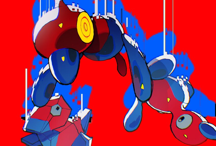 blue_skin colored_skin commentary evolutionary_line floating gen_1_pokemon gen_2_pokemon gen_4_pokemon glitch highres limited_palette looking_at_another nintendo no_humans pink_skin pokemon pokemon_(creature) porygon porygon-z porygon2 red_background ringed_eyes sushi1515 upside-down yellow_eyes