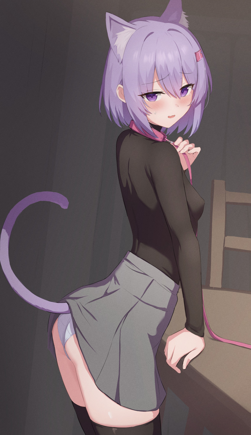 1girl a.i._voice absurdres animal_ears ass black_shirt black_thighhighs blush breasts cat_ears cat_girl cat_tail clothes_lift collar commentary_request embarrassed highres leash lifted_by_tail looking_at_viewer panties purple_eyes purple_hair ruttse shirt short_hair skirt skirt_lift small_breasts smile solo tail thighhighs underwear voiceroid white_panties yuzuki_yukari yuzuki_yukari_(shizuku)