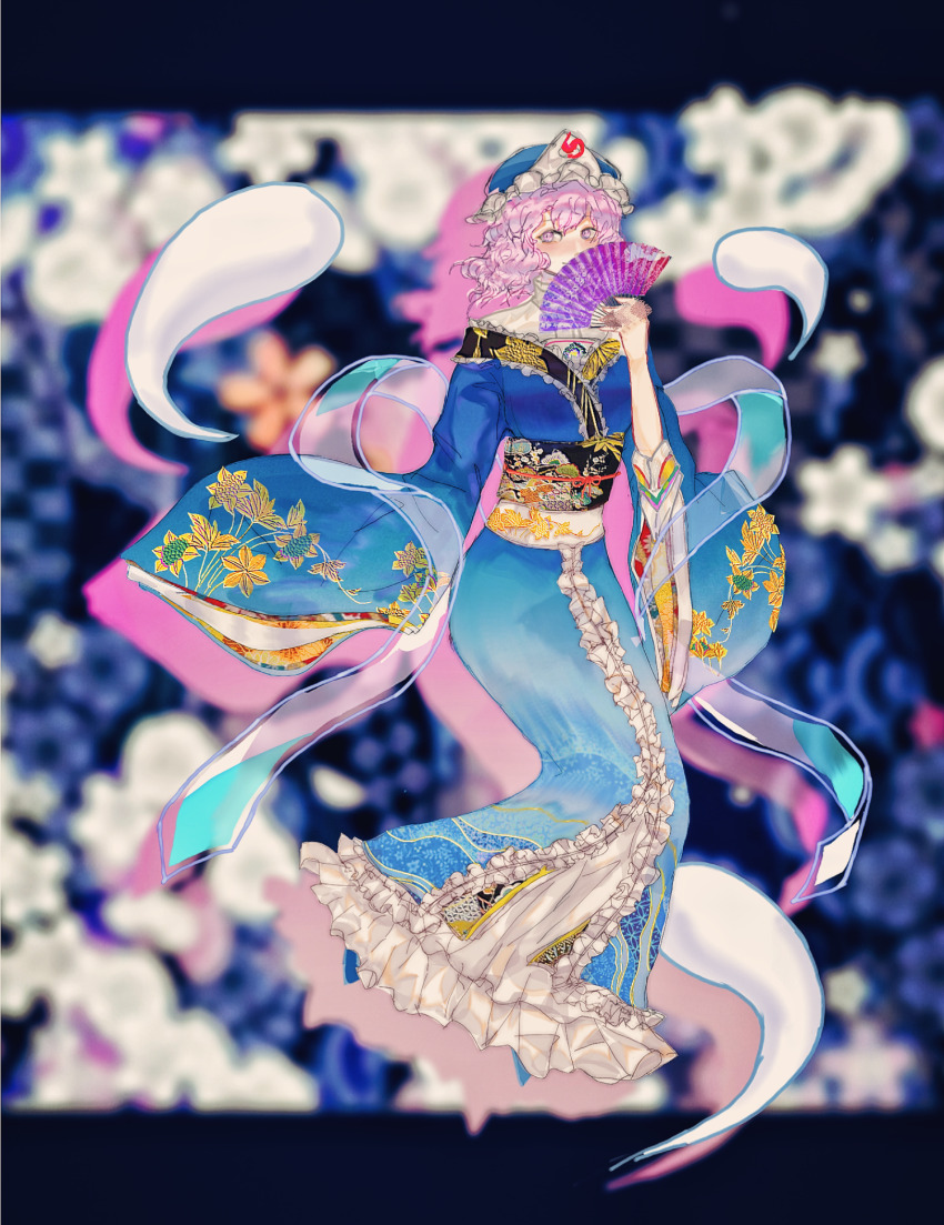 1girl adapted_costume black_sash blue_hat blue_kimono blue_shoes blurry blurry_background chinese_commentary closed_mouth commentary_request eru_(youzhakongqi33640) fan_to_mouth frilled_kimono frills full_body hagoromo hand_fan hat highres holding holding_fan japanese_clothes kimono long_sleeves mob_cap obi pink_eyes pink_hair saigyouji_yuyuko sash shawl shoes short_hair smile solo touhou triangular_headpiece wide_sleeves