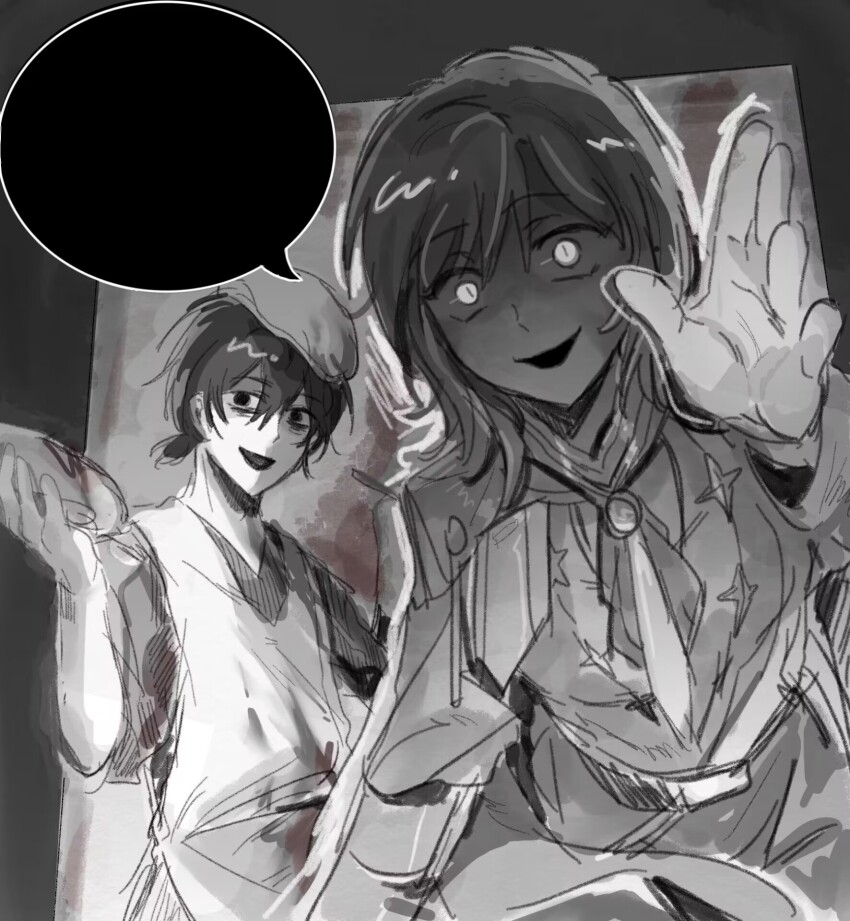 1boy 1girl apron ascot blank_speech_bubble brooch faust_(project_moon) glowing glowing_eyes greyscale hand_up highres jewelry limbus_company looking_at_viewer monochrome n_corp._fanatic_(identity)_(project_moon) open_mouth project_moon ring_(identity)_(project_moon) short_hair smile speech_bubble wrong5166 yi_sang_(project_moon)