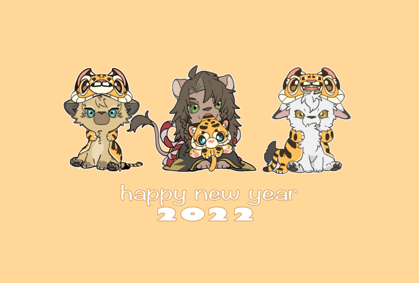 2022 animal animal_costume animal_print animalization blue_eyes chinese_zodiac clothed_animal commentary_request dated full_body green_eyes happy_new_year highres holding holding_stuffed_toy hyena jack_howl leona_kingscholar lion looking_at_viewer mouth_hold new_year orange_background raccoonlot ruggie_bucchi simple_background sitting stuffed_animal stuffed_tiger stuffed_toy tiger_costume tiger_print twisted_wonderland wolf year_of_the_tiger yellow_eyes