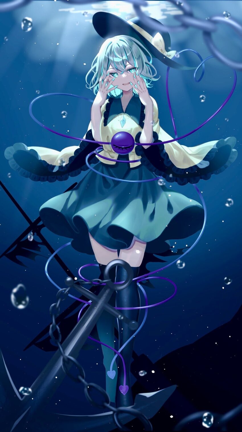 1girl air_bubble anchor aqua_eyes aqua_hair aqua_nails black_hat black_thighhighs bow bubble buttons chain collarbone collared_shirt commentary_request diamond_button eyebrows_hidden_by_hair eyelashes fingernails frilled_shirt_collar frilled_sleeves frills full_body green_skirt hands_on_own_face hat hat_bow heart heart_of_string highres komeiji_koishi light_rays long_fingernails long_sleeves no_nose open_mouth sakuratsuki_runa shipwreck shirt short_hair skirt solo submerged thighhighs third_eye touhou underwater wide_sleeves yellow_bow yellow_shirt zettai_ryouiki