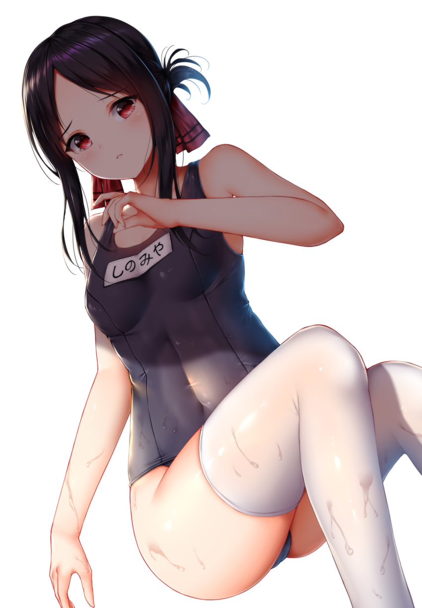 1girl absurdres bare_arms bare_shoulders black_hair blush breasts covered_navel female_focus folded_ponytail hair_ribbon hand_up highres kaguya-sama_wa_kokurasetai_~tensai-tachi_no_renai_zunousen~ long_hair looking_at_viewer name_tag one-piece_swimsuit parted_bangs parted_lips red_eyes red_ribbon ribbon school_swimsuit shinomiya_kaguya shiny_clothes shiny_skin sidelocks simple_background small_breasts solo swimsuit thighhighs white_background white_thighhighs wsman